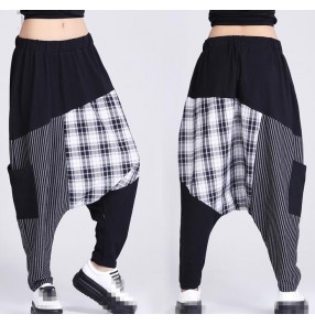 Black plaid striped baggy  pants  fashion women's ladies female stage performance hip hop jazz cosplay  dropped crotch harem pants trousers